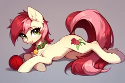 Size: 1800x1200 | Tagged: safe, ai content, derpibooru import, machine learning generated, prompter:doom9454, stable diffusion, roseluck, pony, behaving like a cat, collar, cute, fluffy, generator:pony diffusion v6 xl, image, looking at you, lying down, pet tag, png, pony pet, rosepet, yarn, yarn ball