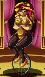 Size: 1200x2071 | Tagged: safe, artist:xjkenny, derpibooru import, sunset shimmer, human, equestria girls, arm under breasts, breasts, busty sunset shimmer, cleavage, clothes, crossed arms, eyes closed, g4, image, jpeg, leotard, pantyhose, smiling, solo, unicycle