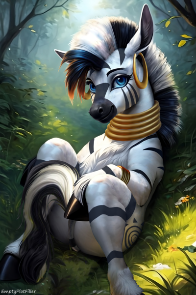 Size: 2731x4096 | Tagged: safe, ai content, artist:emptyplotfiller, derpibooru import, machine learning assisted, zecora, pony, zebra, fanfic:crossing the trixie bridge:a new life in the crystal empire, cute, everfree forest, g4, image, looking at you, lying down, png, raised hoof, solo