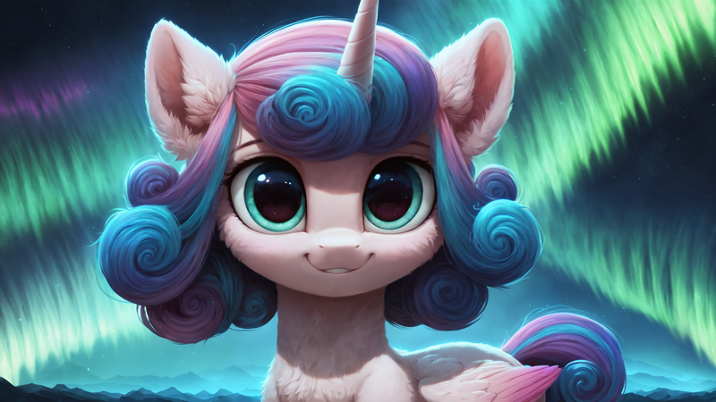 Size: 2560x1440 | Tagged: safe, ai content, derpibooru import, machine learning generated, prompter:truekry, stable diffusion, princess flurry heart, alicorn, pony, aurora borealis, big eyes, cute, female, filly, flurrybetes, foal, g4, generator:pony diffusion v6 xl, high res, image, looking at you, png, smiling, smiling at you, solo, wallpaper