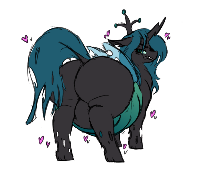 Size: 1304x1099 | Tagged: suggestive, artist:polofastter, artist:somefrigginnerd, derpibooru import, queen chrysalis, changeling, changeling queen, belly, big belly, bugbutt, butt, changeling overfeeding, chrysalass, fat, female, floating heart, g4, grin, heart, huge belly, huge butt, image, large butt, looking at you, looking back, looking back at you, obese, plot, png, queen chrysalard, rear view, sharp teeth, simple background, smiling, solo, teeth