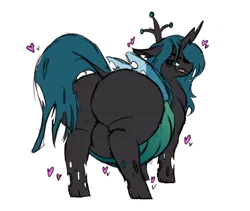 Size: 1304x1099 | Tagged: suggestive, artist:polofastter, artist:somefrigginnerd, derpibooru import, queen chrysalis, changeling, changeling queen, belly, big belly, bugbutt, butt, changeling overfeeding, chrysalass, fat, female, floating heart, g4, grin, heart, huge belly, huge butt, image, large butt, looking at you, looking back, looking back at you, obese, plot, png, queen chrysalard, rear view, sharp teeth, simple background, smiling, solo, teeth