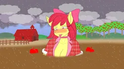 Size: 2400x1350 | Tagged: suggestive, artist:nezumiyuki, derpibooru import, apple bloom, anthro, apple, apple tree, barn, blushing, breasts, busty apple bloom, cleavage, cloud, fence, food, image, jpeg, mud, older, orchard, quicksand, rain, sinking, story in the source, story included, stuck, sweet apple acres, tongue out, tree