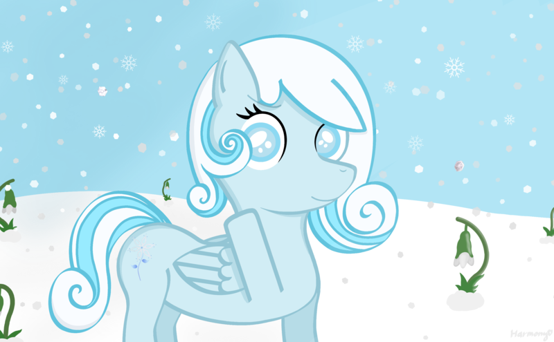 Size: 2750x1700 | Tagged: safe, artist:[mlp] harmony, derpibooru import, oc, unofficial characters only, pegasus, pony, snowdrop (animation), blind, detailed background, female, filly, foal, folded wings, greeting, image, png, show accurate, snow, snowfall, snowflake, solo, standing, wings, winter