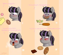 Size: 4000x3500 | Tagged: suggestive, artist:cdrspark, derpibooru import, oc, oc:magna-save, unofficial characters only, pony, unicorn, blushing, bust, chubby cheeks, comic, dialogue, feedee, food, horn, image, panel, png, solo, teasing, tongue out