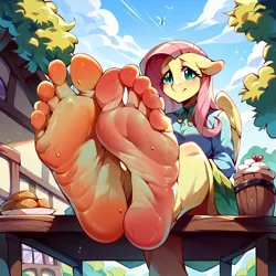 Size: 1024x1024 | Tagged: suggestive, ai content, derpibooru import, machine learning generated, stable diffusion, fluttershy, anthro, pegasus, feet, fetish, foot fetish, foot focus, g4, generator:purplesmart.ai, image, looking at you, png, sweat, sweaty feet