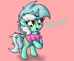 Size: 2478x2056 | Tagged: safe, artist:background basset, derpibooru import, lyra heartstrings, pony, unicorn, clothes, dialogue, horn, image, open mouth, png, shirt, shirt pull, simple background, solo, standing, text