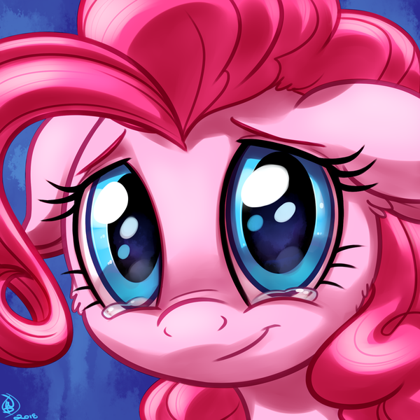 Size: 1800x1800 | Tagged: safe, artist:whitediamonds, derpibooru import, pinkie pie, earth pony, pony, abstract background, bust, commission, crying, cute, diapinkes, female, floppy ears, g4, image, looking at you, mare, png, portrait, profile, sad, sadorable, signature, smiling, smiling at you, solo, teary eyes
