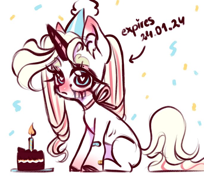 Size: 2048x1795 | Tagged: safe, artist:rottengotika, derpibooru import, oc, unofficial characters only, pony, unicorn, birthday, birthday cake, cake, food, horn, image, jpeg, solo, unicorn oc