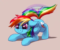 Size: 1633x1356 | Tagged: safe, artist:whitediamonds, derpibooru import, rainbow dash, pegasus, pony, behaving like a cat, cheek fluff, cute, dashabetes, female, floppy ears, folded wings, g4, image, mare, motion lines, png, signature, simple background, smiling, smirk, solo, tail, tail wag, wings