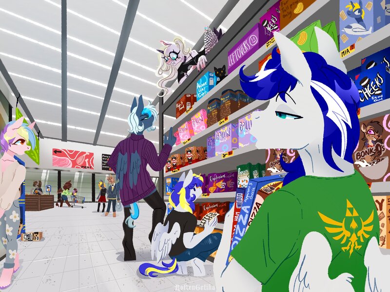 Size: 3229x2421 | Tagged: safe, artist:rottengotika, derpibooru import, oc, unofficial characters only, pegasus, unicorn, grocery store, horn, image, jpeg, pegasus oc, unicorn oc, wings