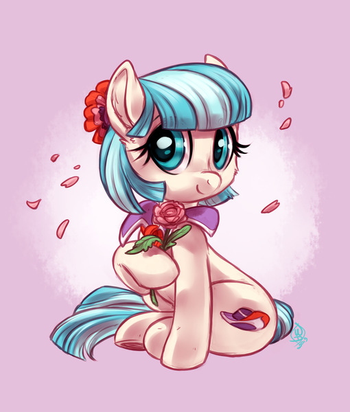 Size: 2550x3000 | Tagged: safe, artist:whitediamonds, derpibooru import, coco pommel, earth pony, pony, cheek fluff, cocobetes, cute, ear fluff, female, flower, g4, high res, image, looking at you, mare, png, raised hoof, signature, sitting, smiling, smiling at you, solo, tail