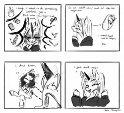 Size: 2048x1871 | Tagged: safe, artist:rottengotika, derpibooru import, oc, unofficial characters only, pony, unicorn, 4 panel comic, comic, duo, horn, image, jpeg, unicorn oc