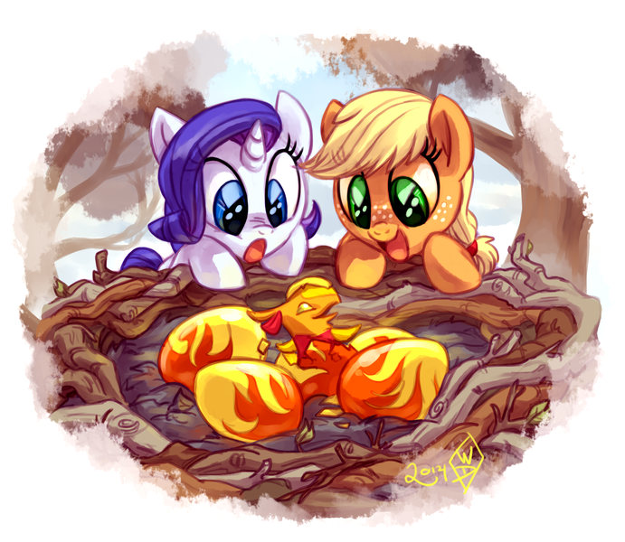 Size: 1525x1325 | Tagged: safe, artist:whitediamonds, derpibooru import, applejack, rarity, earth pony, phoenix, pony, unicorn, :o, cute, duo, duo female, egg, female, filly, filly applejack, filly rarity, foal, freckles, g4, happy, hatless, horn, image, jackabetes, lesbian, looking at something, missing accessory, nest, nose wrinkle, open mouth, open smile, outdoors, png, raribetes, rarijack, rarijack daily, shipping, signature, smiling, surprised, tree, watching, younger