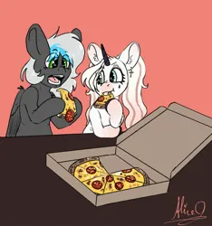 Size: 1890x2023 | Tagged: safe, artist:aliceg, derpibooru import, oc, unofficial characters only, pegasus, pony, unicorn, food, hoof hold, horn, image, jpeg, meat, pegasus oc, pizza, ponies eating meat, unicorn oc, wings