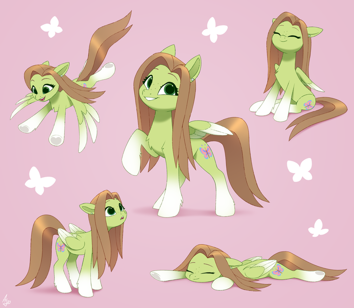 Size: 2300x2000 | Tagged: safe, artist:luminousdazzle, derpibooru import, oc, oc:lumina, butterfly, insect, pegasus, pony, chest fluff, colored wings, cutie mark, eyes closed, female, floppy ears, flying, folded wings, freckles, gradient hooves, gradient wings, green eyes, grin, hoof heart, image, long mane, looking at you, looking up, lying down, mare, pegasus oc, png, raised hoof, simple background, sitting, smiling, solo, solo female, spread wings, standing, underhoof, wings