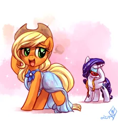 Size: 1450x1500 | Tagged: safe, artist:whitediamonds, derpibooru import, applejack, rarity, earth pony, pony, unicorn, applejack's hat, clothes, cowboy hat, cute, dress, duo, duo female, eyebrows, eyebrows visible through hair, eyes closed, eyeshadow, facehoof, female, freckles, g4, glasses, hat, horn, image, jackabetes, lesbian, looking back, makeup, mare, measuring tape, open mouth, png, raised hoof, raised leg, rarijack, rarijack daily, rarity's glasses, shipping, signature, standing on two hooves