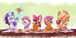 Size: 2300x1150 | Tagged: safe, artist:whitediamonds, derpibooru import, apple bloom, applejack, rarity, scootaloo, sweetie belle, earth pony, pegasus, pony, unicorn, abstract background, adorabloom, apple, apple bloom's bow, apple sisters, applejack's hat, belle sisters, bow, cowboy hat, cute, cutealoo, cutie mark crusaders, diasweetes, eyes closed, female, filly, floppy ears, foal, food, freckles, g4, glow, glowing horn, grin, group, hair bow, halloween, hat, heart, holiday, horn, image, jack-o-lantern, jackabetes, knife, lesbian, levitation, magic, magic aura, mare, messy, png, profile, pumpkin, pumpkin carving, quintet, raribetes, rarijack, rarijack daily, shipping, siblings, signature, sisters, smiling, sparkles, table, telekinesis, that pony sure does love apples, tongue out, tumblr