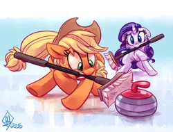 Size: 1350x1025 | Tagged: safe, artist:whitediamonds, derpibooru import, applejack, rarity, earth pony, pony, unicorn, applejack's hat, broom, cowboy hat, curling, duo, duo female, eyebrows, eyebrows visible through hair, female, floppy ears, freckles, g4, hat, horn, ice, image, lesbian, mare, mouth hold, png, rarijack, rarijack daily, shipping, signature, sports, sweat, tail