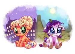 Size: 1800x1300 | Tagged: safe, artist:whitediamonds, derpibooru import, applejack, rarity, earth pony, pony, unicorn, the cutie mark chronicles, alternate hairstyle, bow, crying, cute, dirty, duo, duo female, eyebrows, eyebrows visible through hair, female, filly, filly applejack, filly rarity, foal, freckles, frown, g4, hatless, horn, image, jackabetes, lesbian, missing accessory, orangejack, png, raribetes, rarijack, rarijack daily, sad, sadorable, shipping, signature, sitting, tail, tail bow, teary eyes, underhoof, younger