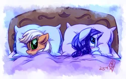 Size: 1350x850 | Tagged: safe, artist:whitediamonds, derpibooru import, applejack, rarity, earth pony, pony, unicorn, look before you sleep, season 1, bed, blanket, blushing, duo, duo female, female, freckles, frown, g4, hatless, horn, image, lesbian, lying down, mare, missing accessory, nose wrinkle, on bed, pillow, png, rarijack, rarijack daily, scene interpretation, scrunchy face, shipping, side, signature, sleepover