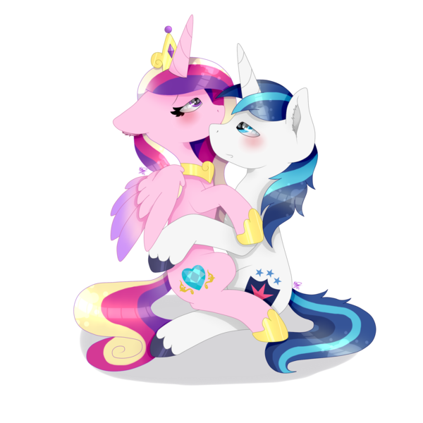 Size: 2000x2000 | Tagged: suggestive, artist:kathepart, derpibooru import, princess cadance, shining armor, alicorn, pony, unicorn, blushing, clothes, crown, female, g4, horn, image, jewelry, male, married couple, png, regalia, ship:shiningcadance, shipping, shoes, simple background, straight, transparent background