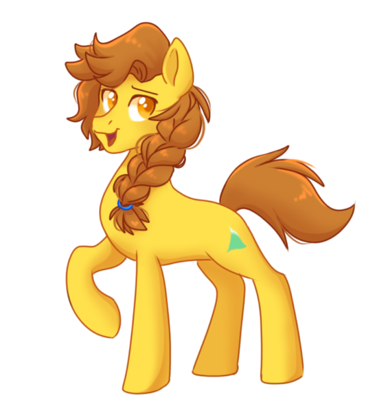 Size: 897x958 | Tagged: safe, artist:cristal1940, derpibooru import, oc, oc:wetaskiwin, earth pony, pony, boasting, braid, braided ponytail, bronze, gold, hair tie, image, looking back, no source available, png, ponytail, raised hoof, smug, solo