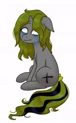Size: 394x632 | Tagged: semi-grimdark, artist:cristal1940, derpibooru import, oc, oc:blind bay, ghost, ghost pony, pony, undead, unicorn, blank eyes, blind, bow, crying, dead, female, filly, floppy ears, foal, horn, image, jpeg, looking at you, sad, sitting, solo, tail, tail bow, tears of pain, wet, wet mane, wet tail