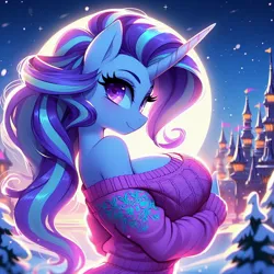Size: 1024x1024 | Tagged: suggestive, ai content, derpibooru import, machine learning generated, prompter:glimmy-glam, starlight glimmer, anthro, backlighting, big breasts, blushing, breasts, castle, cleavage, clothes, female, generator:bing image creator, generator:dall-e 3, horn, image, jpeg, long horn, looking at you, moon, moonlight, night, off shoulder, off shoulder sweater, pine tree, side view, smiling, smirk, snow, solo, solo female, sweater, tree, winter