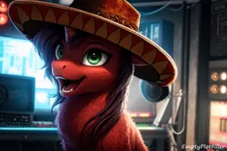 Size: 768x512 | Tagged: safe, ai content, derpibooru import, editor:emptyplotfiller, machine learning generated, prompter:emptyplotfiller, oc, oc:wuten, unicorn, ai model:perchance, gift art, hat, horn, image, png, solo, sombrero