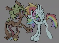 Size: 1103x805 | Tagged: safe, artist:dddddaxie998839, derpibooru import, rainbow dash, oc, oc:mix match, earth pony, pegasus, pony, undead, zombie, zombie pony, big eyes, blue coat, blush sticker, blushing, brown coat, chest fluff, colored eyelashes, colored sketch, curly mane, curly tail, derp, duo, earth pony oc, eyebrows, eyebrows visible through hair, female, g4, gray background, green mane, green tail, hair over one eye, hooves, image, jpeg, long legs, looking at someone, mare, multicolored eyes, multicolored hair, multicolored hooves, multicolored mane, multicolored tail, open mouth, open smile, rainbow hair, rainbow tail, raised hoof, short mane, short tail, simple background, sketch, slender, smiling, splotches, spread wings, standing, stitched body, stitches, tail, thin, thin legs, unshorn fetlocks, wings