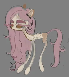 Size: 2072x2328 | Tagged: safe, artist:dddddaxie998839, derpibooru import, fluttershy, pegasus, pony, alternate color palette, alternate design, alternate eye color, brown eyes, coat markings, colored ears, colored eyebrows, colored eyelashes, colored sclera, colored sketch, desaturated, eyelashes, female, folded wings, g4, gray background, gray sclera, headband, image, jpeg, lidded eyes, long legs, long mane, long tail, mare, no mouth, pink mane, pink tail, simple background, sketch, slender, small wings, solo, splotches, standing, straight mane, straight tail, tail, thin, thin legs, wings, yellow coat
