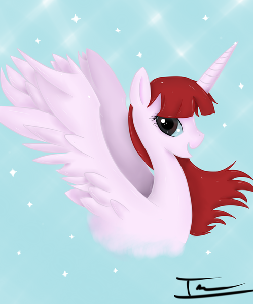 Size: 1638x1971 | Tagged: safe, artist:ivan-chan, derpibooru import, oc, oc:fausticorn, ponified, alicorn, pony, image, lauren faust, open mouth, open smile, png, profile, red hair, signature, smiling, solo, spread wings, wings