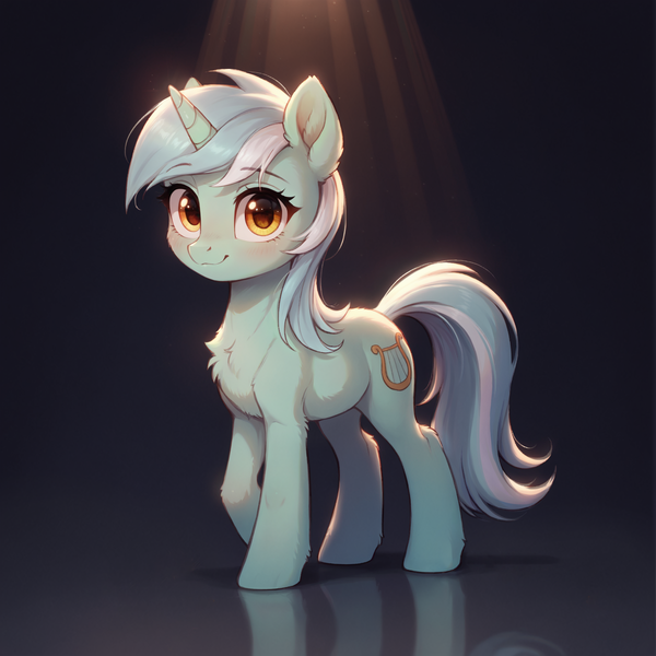 Size: 2048x2048 | Tagged: safe, ai content, derpibooru import, machine learning generated, prompter:adorablebluefox, stable diffusion, lyra heartstrings, pony, unicorn, black background, chest fluff, ear fluff, female, fur, g4, generator:pony diffusion v6 xl, gradient background, horn, image, leg fluff, looking at you, mare, png, raised leg, reflection, simple background, solo, spotlight, standing
