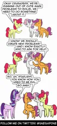 Size: 1000x2200 | Tagged: safe, artist:sneshpone, derpibooru import, apple bloom, scootaloo, starlight glimmer, sweetie belle, earth pony, pegasus, pony, unicorn, 3 panel comic, comic, cutie mark crusaders, female, filly, foal, horn, image, jpeg, mare, simple background, white background