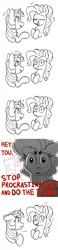 Size: 1000x4300 | Tagged: safe, artist:pink-pone, derpibooru import, pinkie pie, twilight sparkle, earth pony, pony, ..., breaking the fourth wall, bust, comic, duo, duo female, emanata, female, fourth wall, grayscale, image, looking at you, monochrome, partial color, png, simple background, sweat, sweatdrop, talking to viewer, white background
