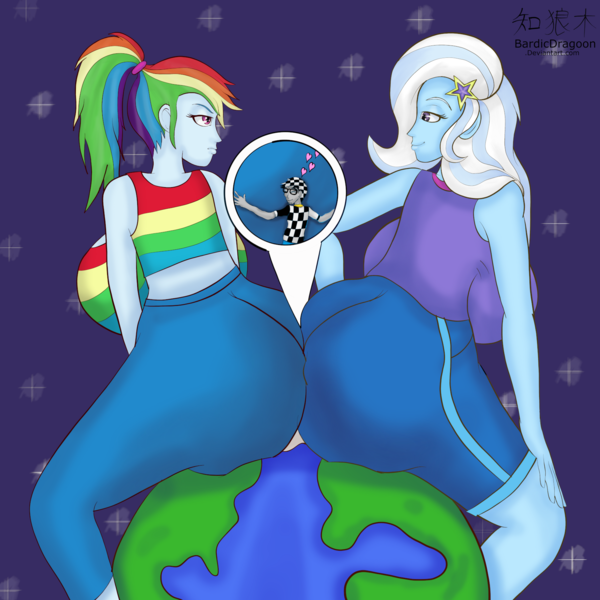 Size: 1754x1754 | Tagged: suggestive, artist:bardicdragoon, derpibooru import, rainbow dash, trixie, oc, oc:checkerboard, big breasts, bigger than a planet, breasts, butt, female, giantess, huge breasts, huge butt, image, large butt, macro, png