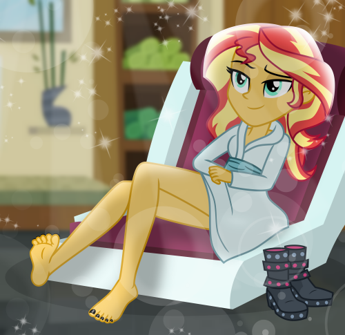 Size: 500x485 | Tagged: safe, artist:emeraldblast63, derpibooru import, sunset shimmer, human, equestria girls, g4, beautiful, beautisexy, bedroom eyes, boots, clothes, cyan eyes, enjoying, feet, female, humanized, image, inviting, kimono (clothing), legs, legs together, lounge chair, nail polish, nails, one eyebrow lowered, png, relaxing, shoes, sitting, smiling, solo, solo female, spa, spa room, teenage girls, teenage sunset shimmer, teenager, toenail polish, toenails, towel