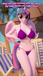 Size: 2160x3840 | Tagged: suggestive, artist:arcanetesla, derpibooru import, sci-twi, twilight sparkle, twilight sparkle (alicorn), alicorn, anthro, 3d, bikini, blender, breasts, busty twilight sparkle, clothes, commission, image, png, solo, swimsuit, your character here