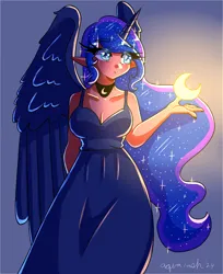 Size: 2975x3651 | Tagged: safe, artist:mylittleyuri, derpibooru import, princess luna, human, :o, alicorn humanization, blue background, breasts, clothes, crescent moon, crown, cute, dress, elf ears, female, heart, heart eyes, horn, horned humanization, humanized, image, jewelry, lunabetes, moon, nail polish, open mouth, png, regalia, simple background, solo, wingding eyes, winged humanization, wings