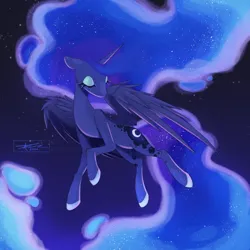 Size: 2200x2200 | Tagged: safe, artist:mindlessnik, derpibooru import, princess luna, alicorn, pony, ethereal mane, ethereal tail, eyes closed, female, floating, flowing mane, flying, g4, high res, horn, image, mare, night, night sky, partially open wings, png, signature, sky, solo, spread wings, starry mane, starry tail, tail, wings