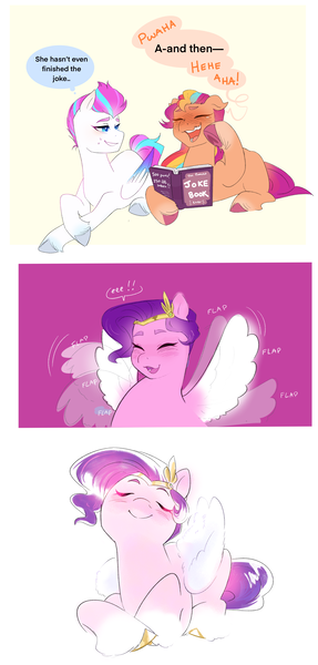 Size: 2466x5152 | Tagged: safe, artist:aztrial, derpibooru import, pipp petals, sunny starscout, zipp storm, earth pony, pegasus, pony, g5, adorapipp, adorazipp, blushing, book, comic, crying, cute, dialogue, eyes closed, female, flapping wings, grin, image, joke, laughing, lying down, mare, markings, open mouth, png, prone, royal sisters (g5), siblings, sisters, smiling, speech bubble, sunnybetes, sweat, sweatdrop, tears of laughter, trio, trio female, unshorn fetlocks, wings