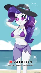 Size: 546x970 | Tagged: suggestive, artist:jakepixels, derpibooru import, rarity, human, equestria girls, beach, belly button, bikini, bikini top, breasts, busty rarity, clothes, female, g4, gumroad, gumroad logo, hat, image, looking at you, patreon, patreon logo, png, purple bikini, smiling, smiling at you, stupid sexy rarity, sunglasses, swimsuit