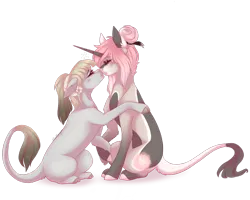 Size: 2738x2190 | Tagged: safe, artist:pixelberrry, derpibooru import, oc, oc:itami, oc:precilla, unofficial characters only, pony, unicorn, female, horn, horns, image, kissing, leonine tail, mare, png, simple background, tail, transparent background