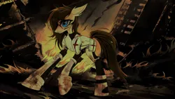 Size: 4881x2759 | Tagged: semi-grimdark, artist:teturirusu, derpibooru import, oc, oc:dusty heartwood, unofficial characters only, earth pony, pony, fallout equestria, apocalypse, armor, armored pony, bag, blood, blue eyes, bound tail, brown mane, building, burning, concave belly, dirt, dirty, facial scar, fallout equestria oc, fire, image, injured, medic, medical saddlebag, png, scar, slender, tail, thin