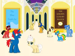 Size: 2048x1536 | Tagged: safe, artist:ry-bluepony1, derpibooru import, oc, oc:flare spark, oc:mickey motion, oc:quoterific, oc:royal strength, oc:sugar swirl, oc:train track, alicorn, pegasus, unicorn, female, g4, hallway, horn, image, male, mall, png