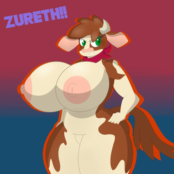 Size: 1280x1280 | Tagged: questionable, artist:zureth, derpibooru import, anthro, cow, them's fightin' herds, arizona (tfh), bandana, big breasts, breasts, busty arizona, community related, female, gradient background, horns, huge breasts, image, nudity, png, signature, solo, solo female