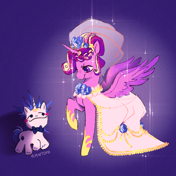 Size: 926x926 | Tagged: safe, artist:emptygoldstudio, derpibooru import, princess cadance, shining armor, alicorn, pony, unicorn, blush sticker, blushing, clothes, dress, female, height difference, horn, horn ring, image, jewelry, larger female, looking at each other, looking at someone, male, mare, meme, png, ring, ship:shiningcadance, shipping, size difference, smaller male, smiling, smiling at each other, sparkles, stallion, straight, the bride and the ugly ass groom, wedding dress