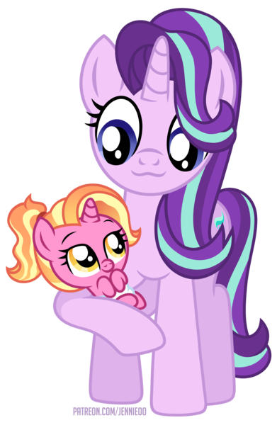 Size: 4394x6741 | Tagged: safe, artist:jennieoo, derpibooru import, luster dawn, starlight glimmer, pony, unicorn, baby, baby luster dawn, baby pony, commission, cute, diaper, duo, female, g4, holding a pony, horn, image, png, simple background, transparent background, vector