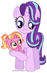 Size: 4394x6741 | Tagged: safe, artist:jennieoo, derpibooru import, luster dawn, starlight glimmer, pony, unicorn, baby, baby luster dawn, baby pony, commission, cute, diaper, duo, female, g4, holding a pony, horn, image, png, simple background, transparent background, vector